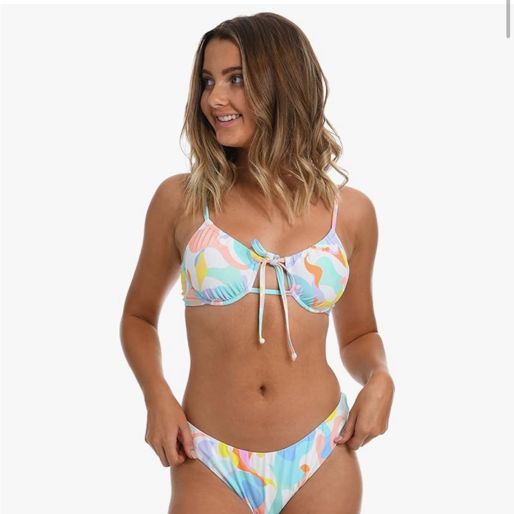 Hobie Colorful Abstract Print Tie-Front Bikini Top size large